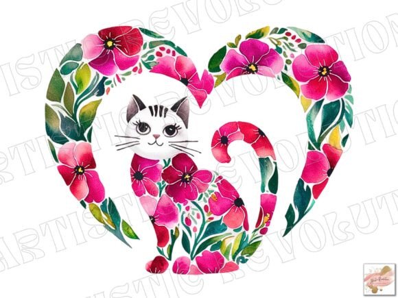 Charming Floral Heart Cat PNG for Valentine's Designs